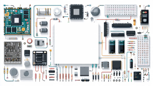 Array of electronic components including microchips resistors sensors and circuit boards for technology projects
