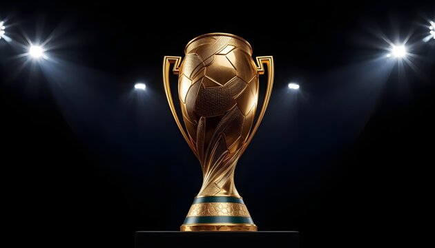 Golden soccer trophy cup illuminated by spotlights on black background.