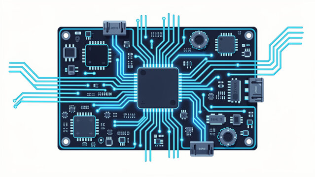 blue circuit board with microchips and electronic components for technology and electronics projects