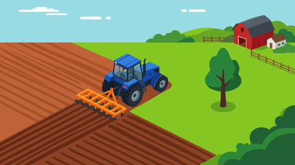 Tractor plowing a field on a farm, agricultural land preparation illustration © Luna