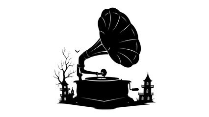 Vintage Gramophone Silhouette: A stark black silhouette of an antique gramophone, complete with a horn and turntable, stands amidst a spooky, gothic landscape featuring bare trees and eerie pagodas. © Susmita