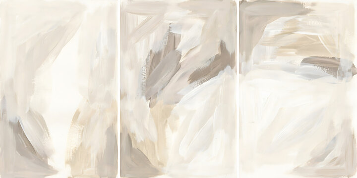 Three-panel abstract with soft, flowing brushstrokes in neutral isolated on transparent background png