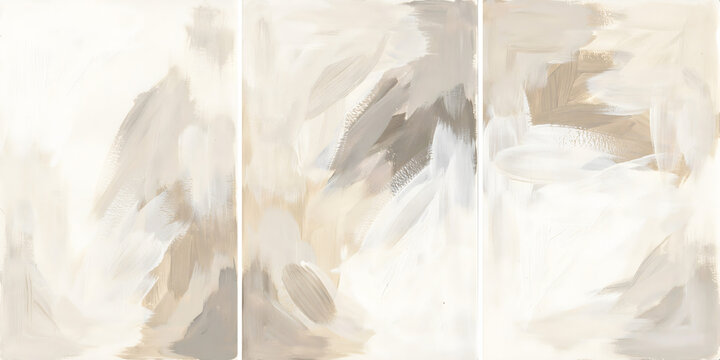 Three-panel abstract with gentle brushstrokes in white, beige, isolated on transparent background png