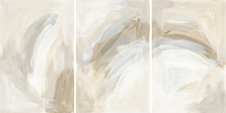 Triptych abstract painting with swirling strokes of beige, white, isolated on transparent background png