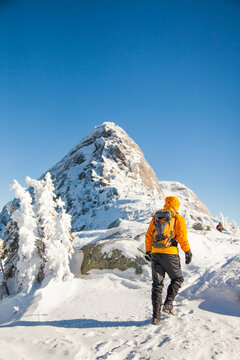 Rear view of  hiker walking towards a snow covered mountain peak