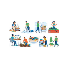 Fototapeta premium Set of diverse people performing various daily activities and household chores.