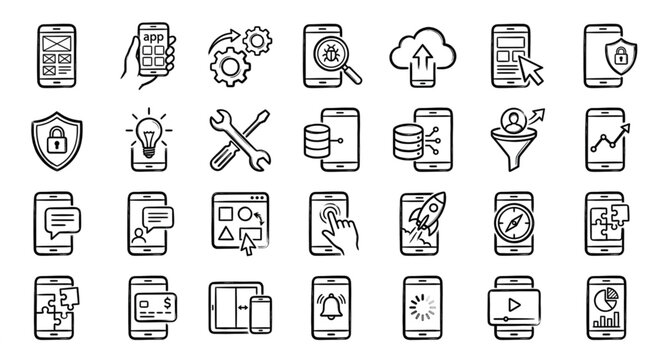 Mobile App Development Icons Set Hand Drawn Style.