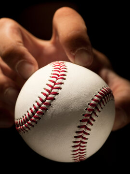 Close up of a hand gripping a baseball against a black background