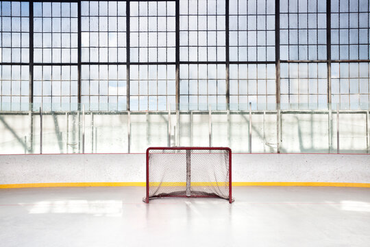 Ice hockey net in an arena