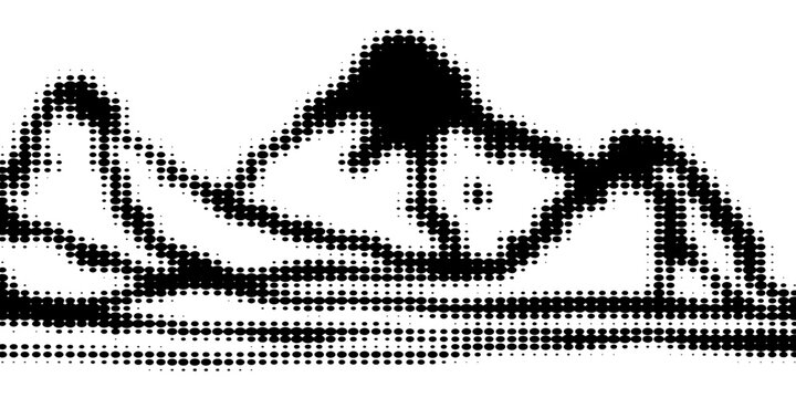 Black halftone mountain range. Grunge textured landscape terrain silhouette. Long grainy hills chain wallpaper. Grungy dotted mountain peaks background. Vector rock terrain illustration