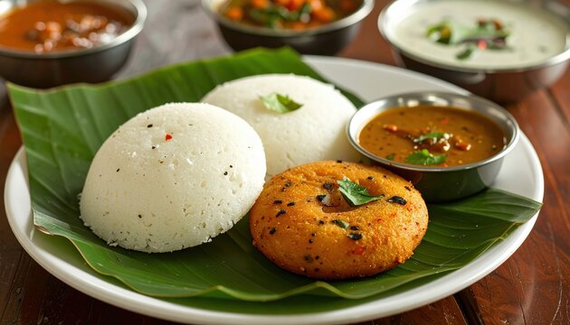 Idli and vada served with sambar and chutneys on a banana leaf, traditional South Indian food styling