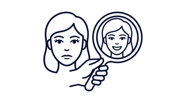 Woman holding mirror reflecting happier self icon