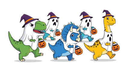 Fototapeta premium Halloween Dinosaurs Trick-or-Treating: A whimsical group of cartoon dinosaurs dressed in Halloween costumes, including ghost outfits and witch hats, eagerly collect candy in pumpkin buckets.