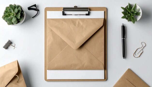 mailer envelope mockup on clipboard, kraft paper texture, office stationery branding template, minimal layout