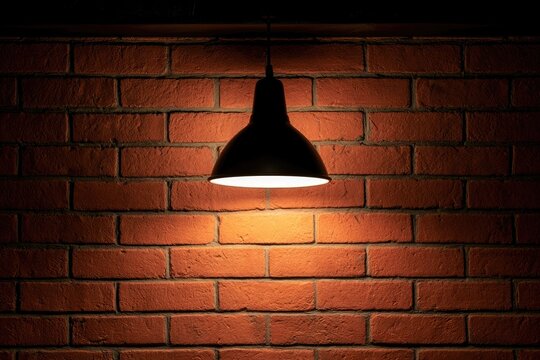 A black pendant lamp casts a warm glow on a textured red brick wall