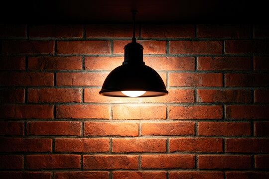 A single light fixture illuminates a textured brick wall with dramatic shadows