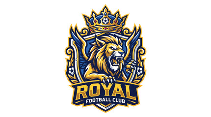 Obraz premium Professional Royal Football Club Sports Logo Featuring a Golden Lion Head with a Majestic Crown and Heraldic Shield