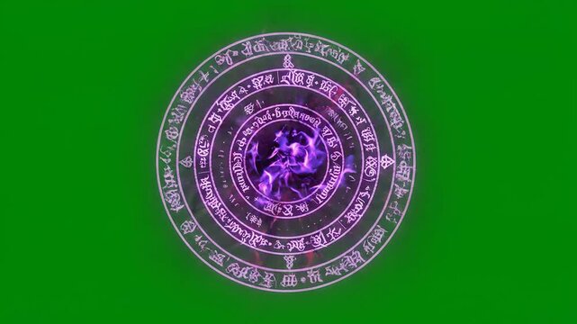 A dynamic magic spell effect with an intricate glowing arcane circle and mystical purple and red energy bursts on a chroma key background.