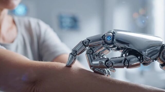 Futuristic robot hand touching human skin in medical scene.