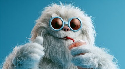 Obraz premium Cute Yeti leaning with ice cold drink, heatwave prevention techniques