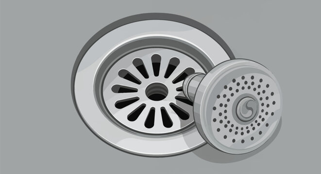 Close-up vector of a metallic bathroom floor or sink drain featuring a radial slot design and a separate perforated chrome drain stopper plug next to it for cleaning.