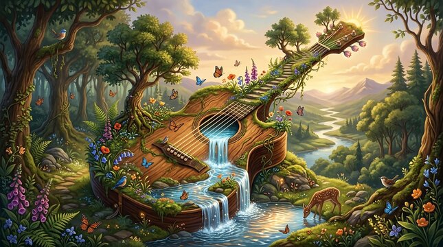 Fantasy Guitar in Nature with Waterfall and Flowers