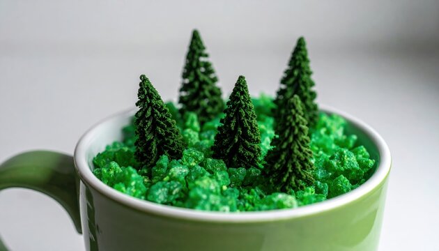 Mini pine trees growing from green crystals inside a ceramic mug, surreal alpine micro world
