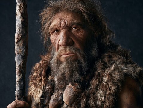 Neanderthal man standing with a spear, symbol of power, endurance and stamina