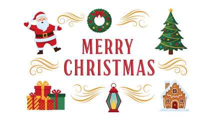 Fototapeta premium Merry Christmas Festive Collection: A vibrant assortment of traditional Christmas icons including Santa Claus, a decorated pine tree, gifts, a wreath, a lantern, and a gingerbread house.