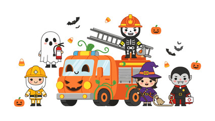 Fototapeta premium Halloween Fire Truck Fun: A whimsical fire truck, adorned with a pumpkin face, is surrounded by a charming cast of Halloween characters: a friendly ghost, a brave firefighter, a playful witch.