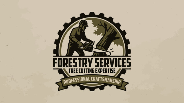 Forestry Services Logo with Lumberjack Cutting Tree and Gear Motif.