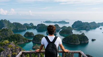 Fototapeta premium Backpacker man looking at the travel scenery of halong bay islands in vietnam view