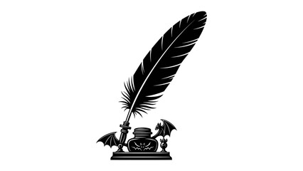 Gothic Quill and Inkwell: An ornate black quill stands upright in a matching inkwell, both adorned with sinister bat wing details, evoking a sense of dark literature and mystery. © Susmita