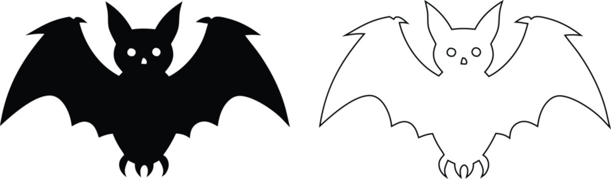 Side by Side Black Solid Silhouette and Clean White Line Art Outline Drawing of a Cute Cartoon Bat Illustration