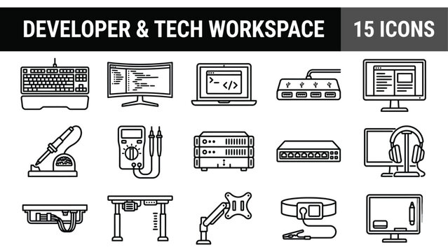 Developer and tech workspace icons set, 15 black line vector symbols for software engineering and computer hardware