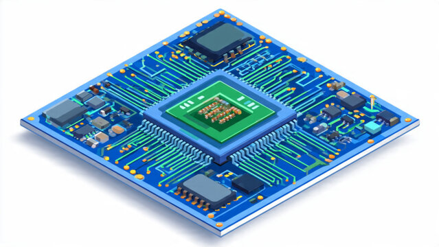 Detailed digital circuit board with microchips and colorful wiring for electronic hardware design