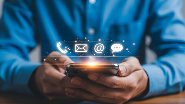 Closeup of a person using a smartphone with digital contact icons floating above the screen