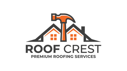 Fototapeta premium Roof Crest Premium Roofing Services logo with houses and hammer.