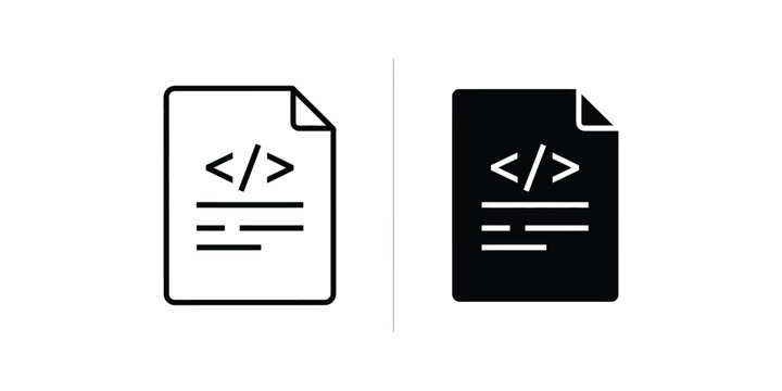 Document icons with code symbols on white and black backgrounds representing digital data and programming