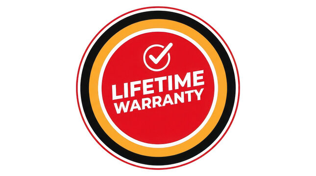 Circular lifetime warranty seal with checkmark icon isolated on transparent background