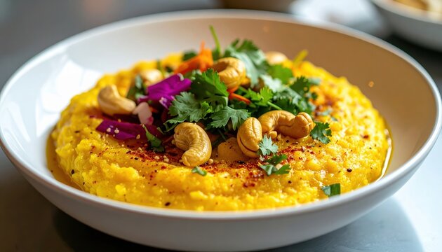 Upma breakfast dish with vibrant garnishes and cashews, clean food photography style