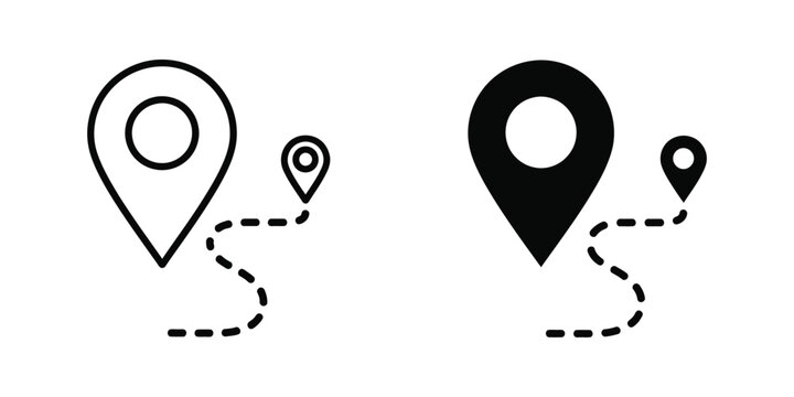 Two map location pins with dashed line path in white and black contrast for navigation concept