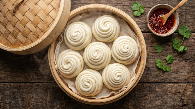 Ladakhi tingmo soft fluffy steamed bread buns with swirled layers in bamboo steamer, rising mist overhead &ndash; traditional Himalayan bread, Tibetan influenced, commercial stock