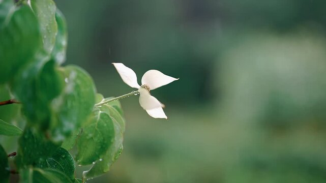 Cinematic horizontal view of a single white kousa dogwood flower in rain with glistening raindrops on a thin stem and soft green background - 비 내리는 날 가느다란 줄기 끝으로 화사하게 피어난 한 송이의 산딸나무 꽃잎 위로 투명한 빗방울이 영롱하