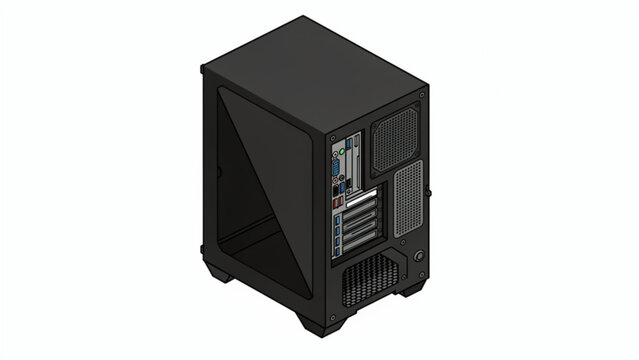 black computer tower case with cooling vents and front panel ports for gaming and workstation setups