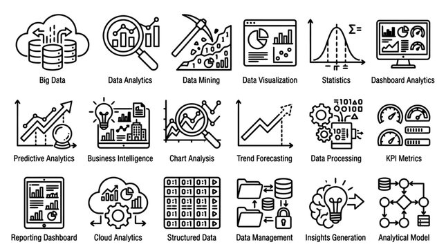 Vector set of eighteen thin line icons for big data analytics, business intelligence, machine learning, statistics, and cloud computing on high contrast space. Icons PNG