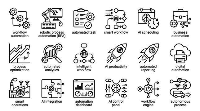 Set of Professional Minimalist White Line Icons for Business Process Automation Digital Workflow Optimization Artificial Intelligence and Modern Data Management Icons PNG