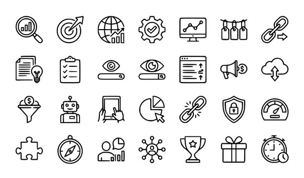 SEO Line Icon Set with Search Engine Optimization and Digital Marketing Symbols