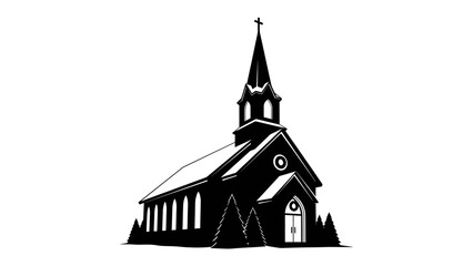 Village Church Silhouette: A striking black silhouette of a traditional village church, complete with a steeple and cross, stands against a stark background. © md