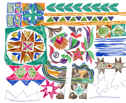 Hand-painted watercolor textile design panel featuring an eclectic mix of folk-art floral motifs, geometric blocks, and decorative leaf borders. Highlighting a prominent green geometric medallion alon